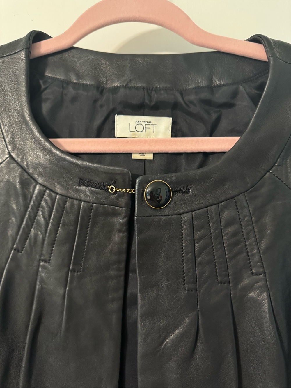 LOFT Black Cropped Leather Jacket with Pleat Detail - Picture 2 of 3